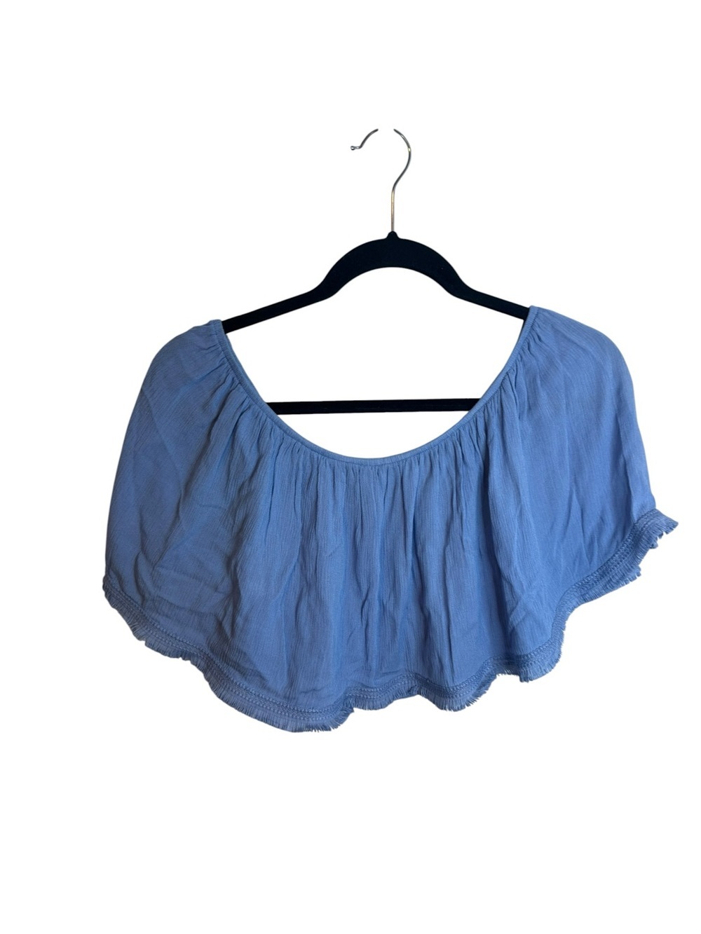 Fore Light Blue Off-Shoulder Fringe Flowy Crop Top
